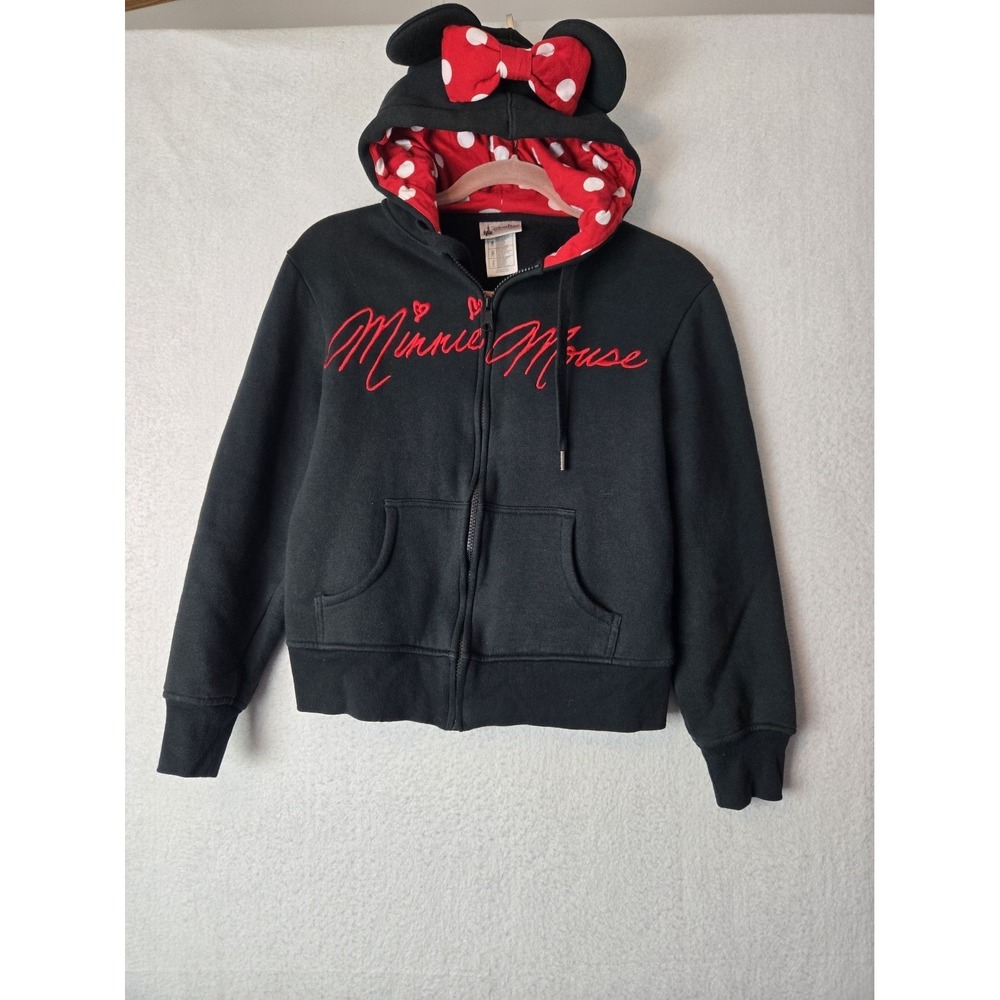 Disney Parks Minnie Mouse Black Hoodie Small Red Polka Dot Hood Embroidered Logo